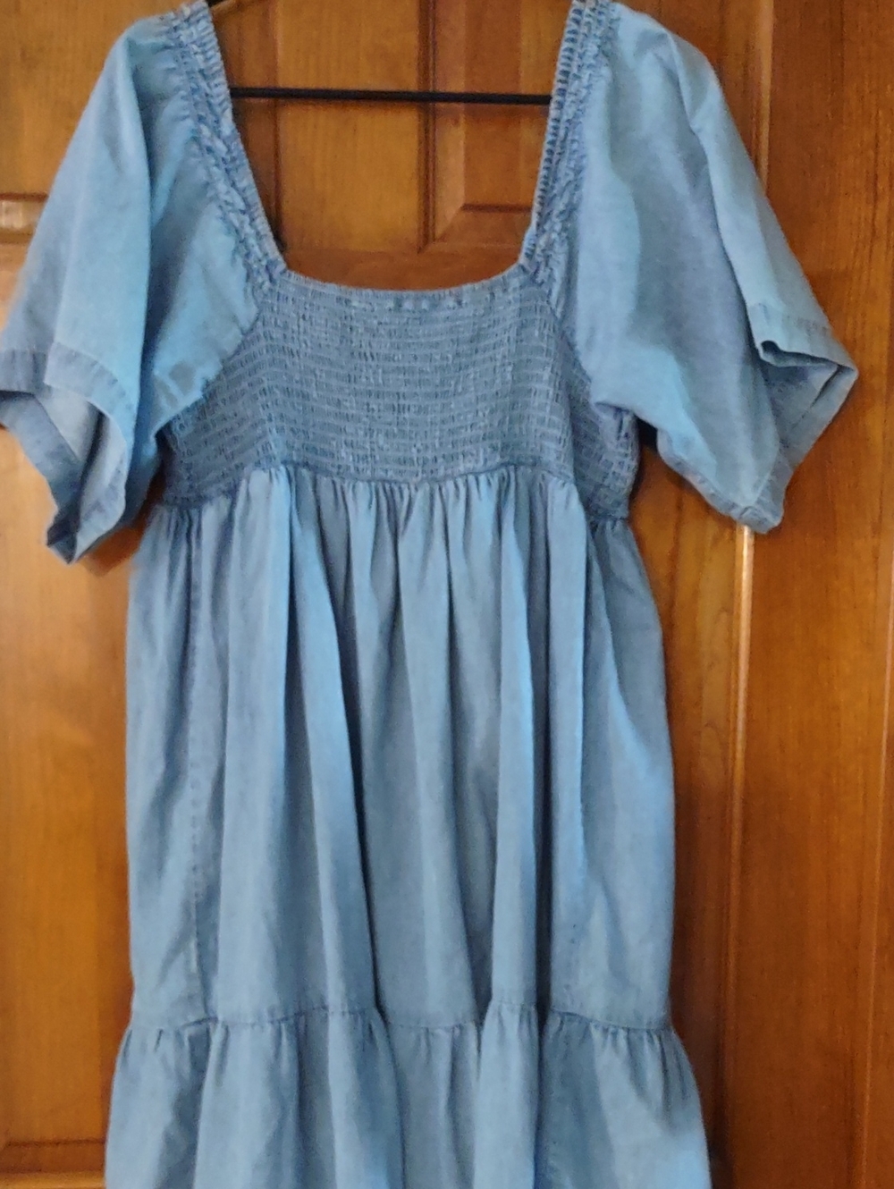 Women's Denim Short Sleeve Off Shoulder Dress With Open Back With Tie.